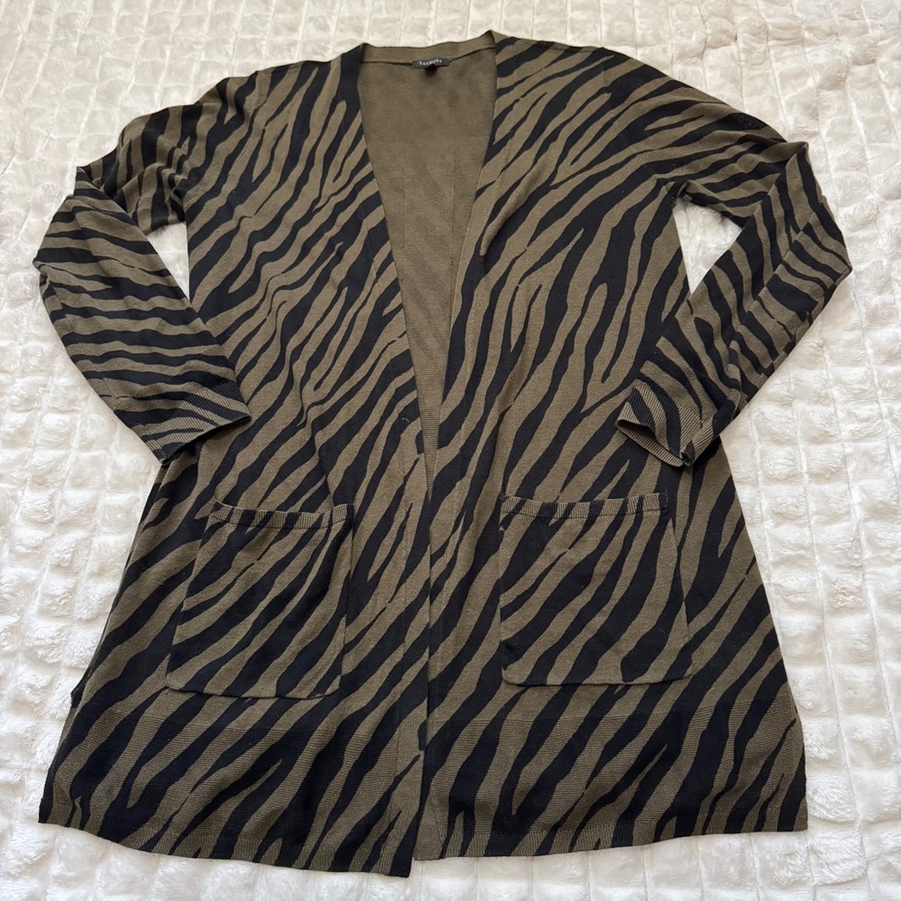 Talbots Small Green & Black Zebra Print Open Front Cardigan Linen Lightweight